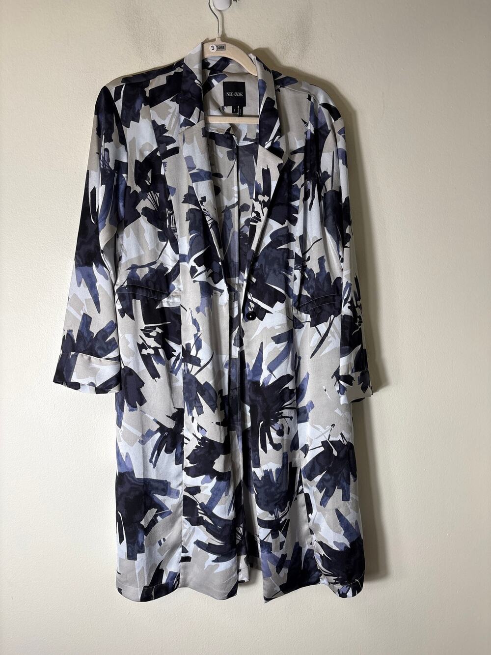 Nic + Zoe Blue Black Inky Flowers Satin Crepe Long Jacket Sz L
